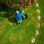 High angle view taken by drone depicting a man watering the plants in his garden. He is surrounded by various gardening tools including a trowel and secateurs.